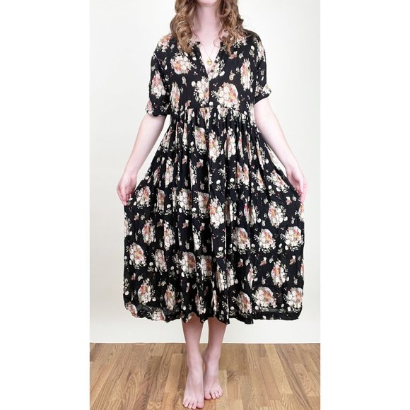 Vintage Flowy Button Up Midi Dress Floral Pleated Cottagecore Preppy Hippie Boho - Picture 2 of 8